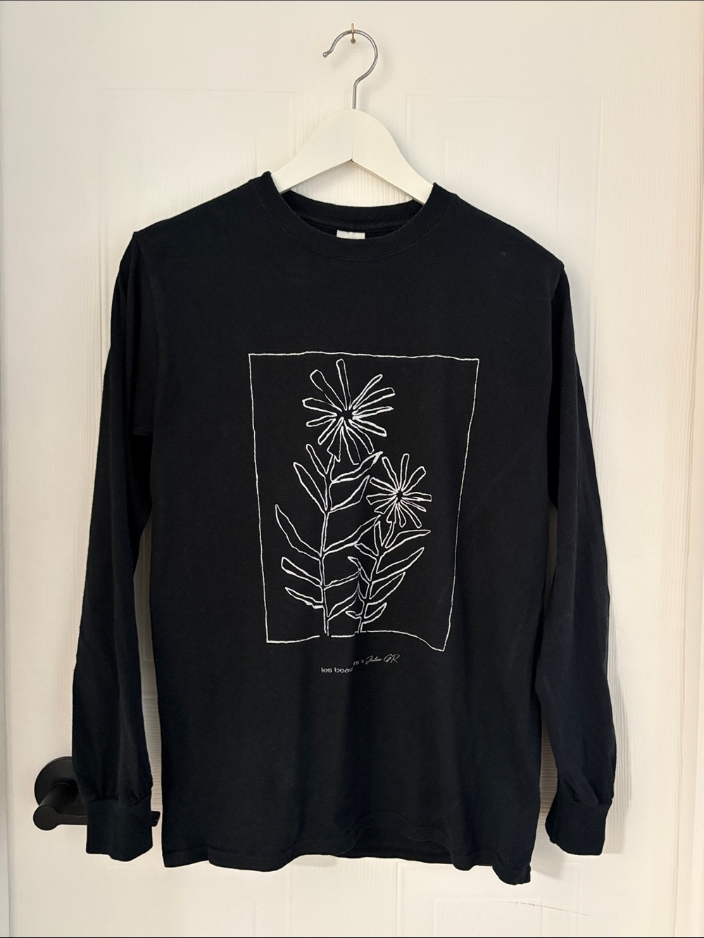 Black Long Sleeve Tee with White Floral Line Art